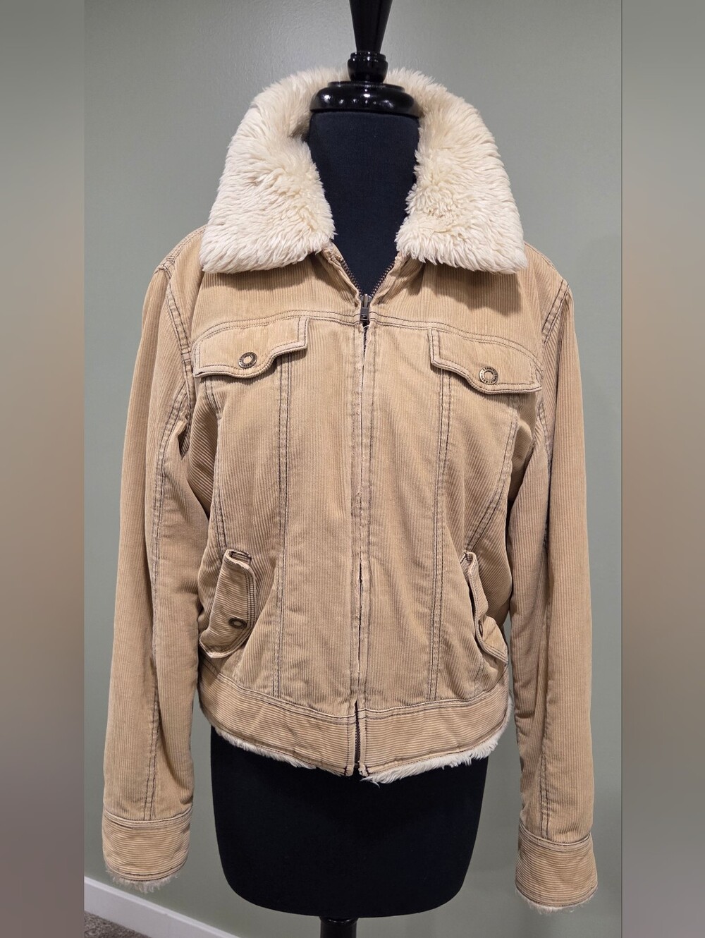 Esprit Beige Corduroy Bomber Jacket with Sherpa Collar